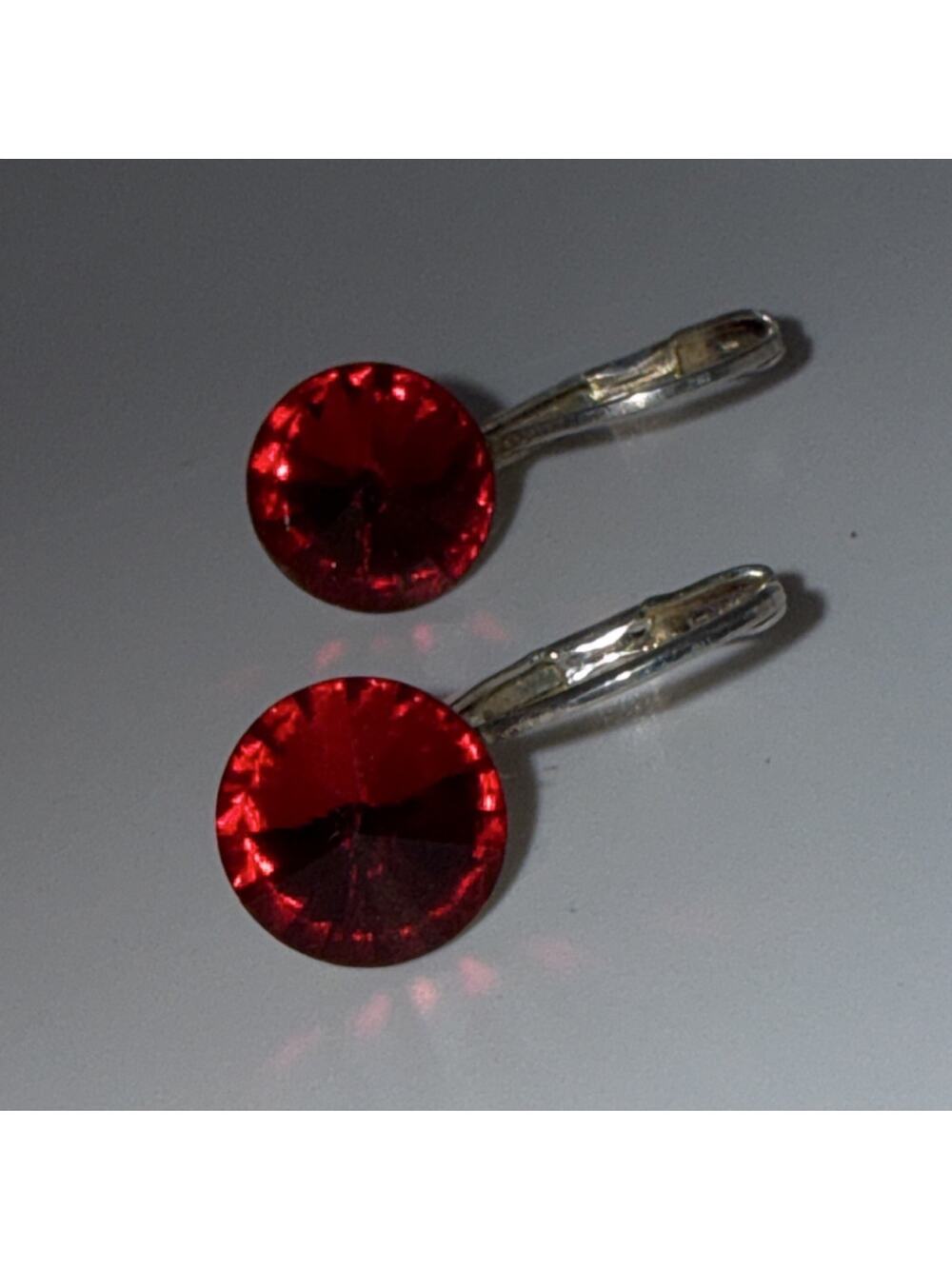 Red Round Crystal Leverback Dangle Drop Earrings Silver Metal Tone